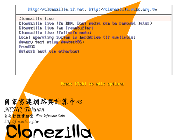 Clonezilla Live boot menu